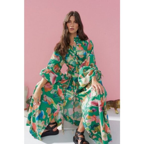 💕ALEMAIS💕 Arlo Shirt Dress ~ Multi-Color Abstract Watercolor Floral Print 8 - Picture 1 of 16